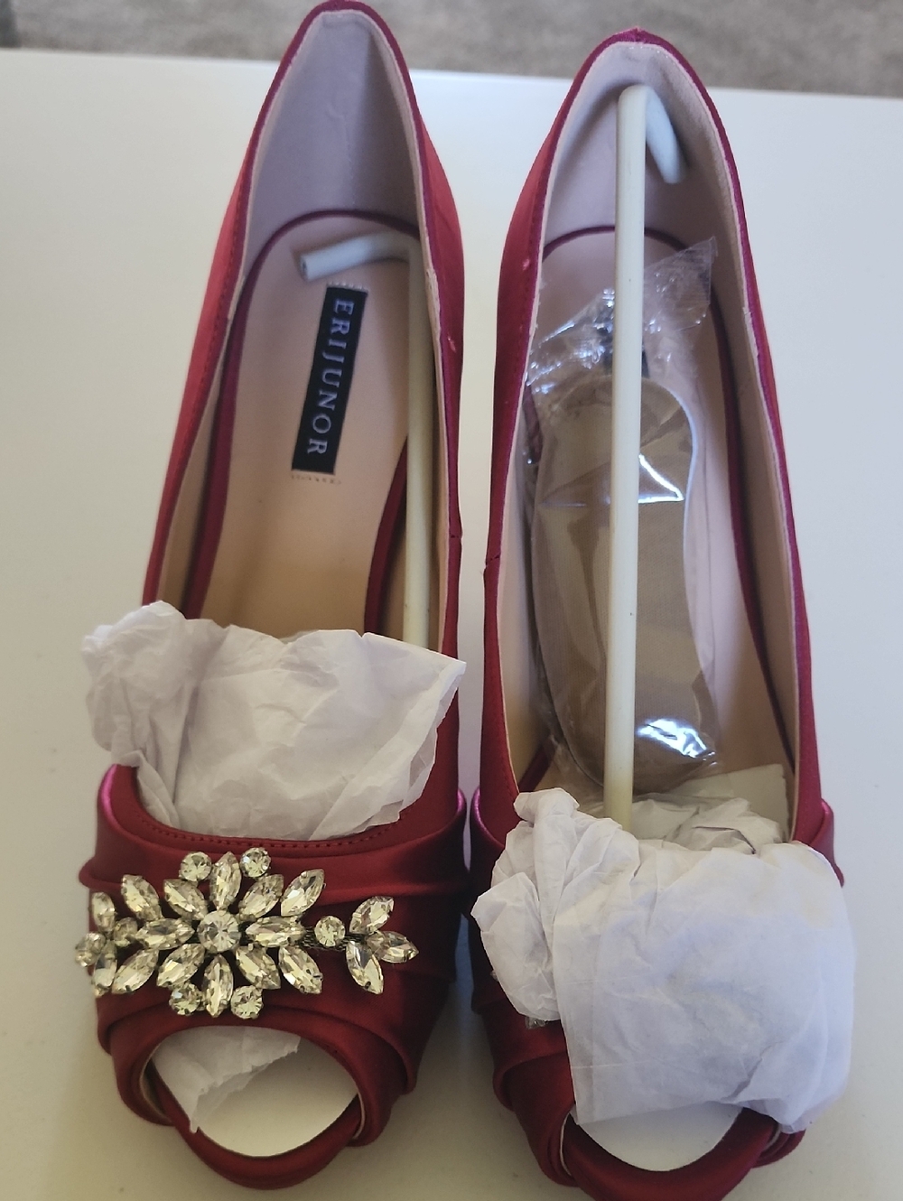 ERIJUNOR Red Satin Open-Toe Heels with Crystal Embellishment